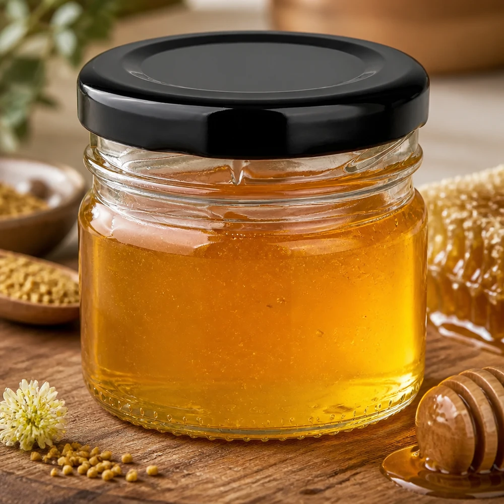 33 ml Rundglas 6er-Set mit Deckel (Deckelfarbe: schwarz) – UNiTWIST Kleines Portionsglas 33ml mit schwarzem BasicSeal Deckel umgeben von Bienenpollen