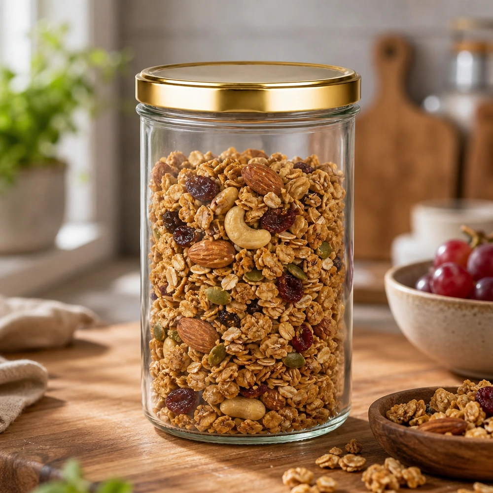 277ml Sturzglas mit BasicSeal Deckel gold UNiTWIST Sturzglas 277ml mit goldenem UNiTWIST Deckel gefüllt mit Müsli Nüssen Trockenfrüchten als Vorratsglas in Küche