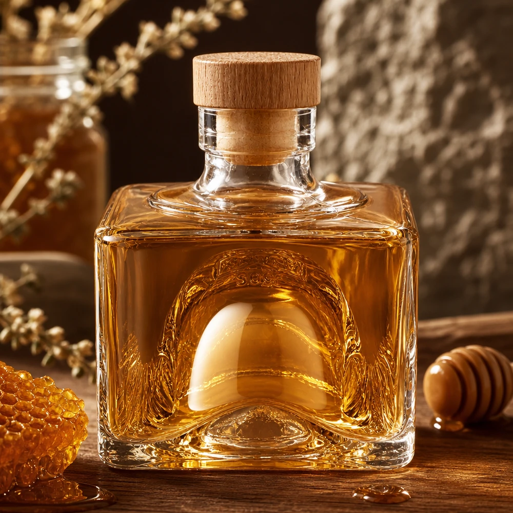 200ml Glasflasche "Bob" mit Holzgriff-Korken UNiTWIST 200ml Glasflasche Bob mit Honig befüllt und Holzkorken, rustikale Küchenszene mit Waben und Honiglöffel