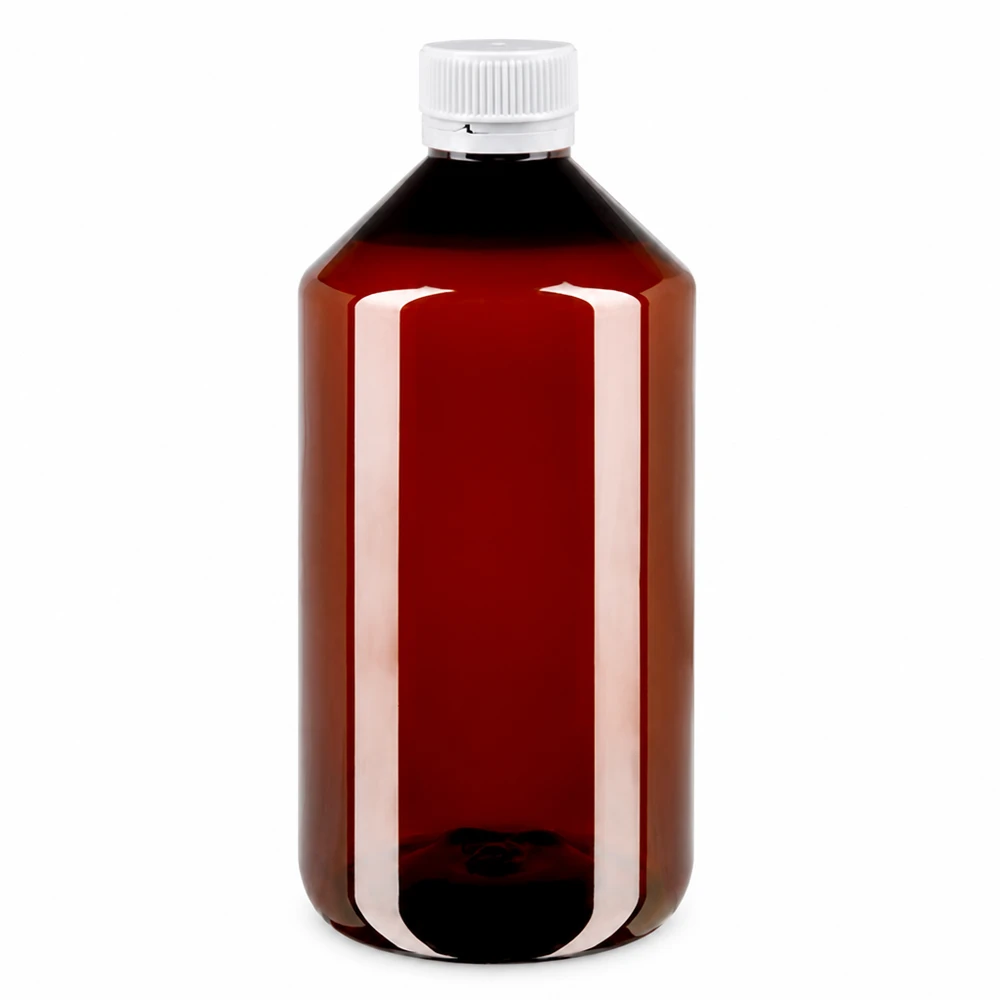 Nachhaltige 750ml Pharmaflasche aus PET bernsteinfarben mit weißem Originalverschluss
