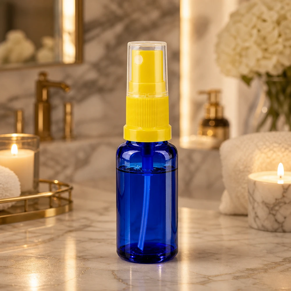 Apothekenflasche blau 20ml Sprayaufsatz gelb Lichtschutz Blauglasflasche 20ml mit gelbem Zerstäuber für Serum und Toner