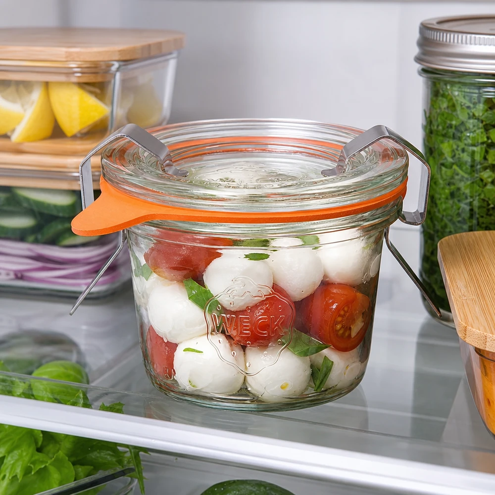 WECK Sturzglas 35ml RR40 im Kühlschrank mit Caprese Salat gefüllt zeigt praktische Aufbewahrung frischer Lebensmittel