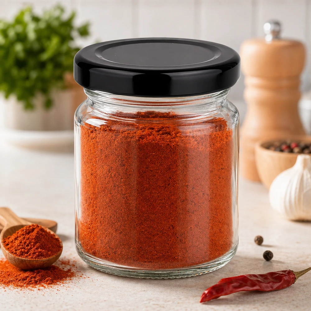 53ml Rundglas mit schwarzem Deckel gefüllt mit rotem Paprikapulver in moderner Küche Gewürzaufbewahrung