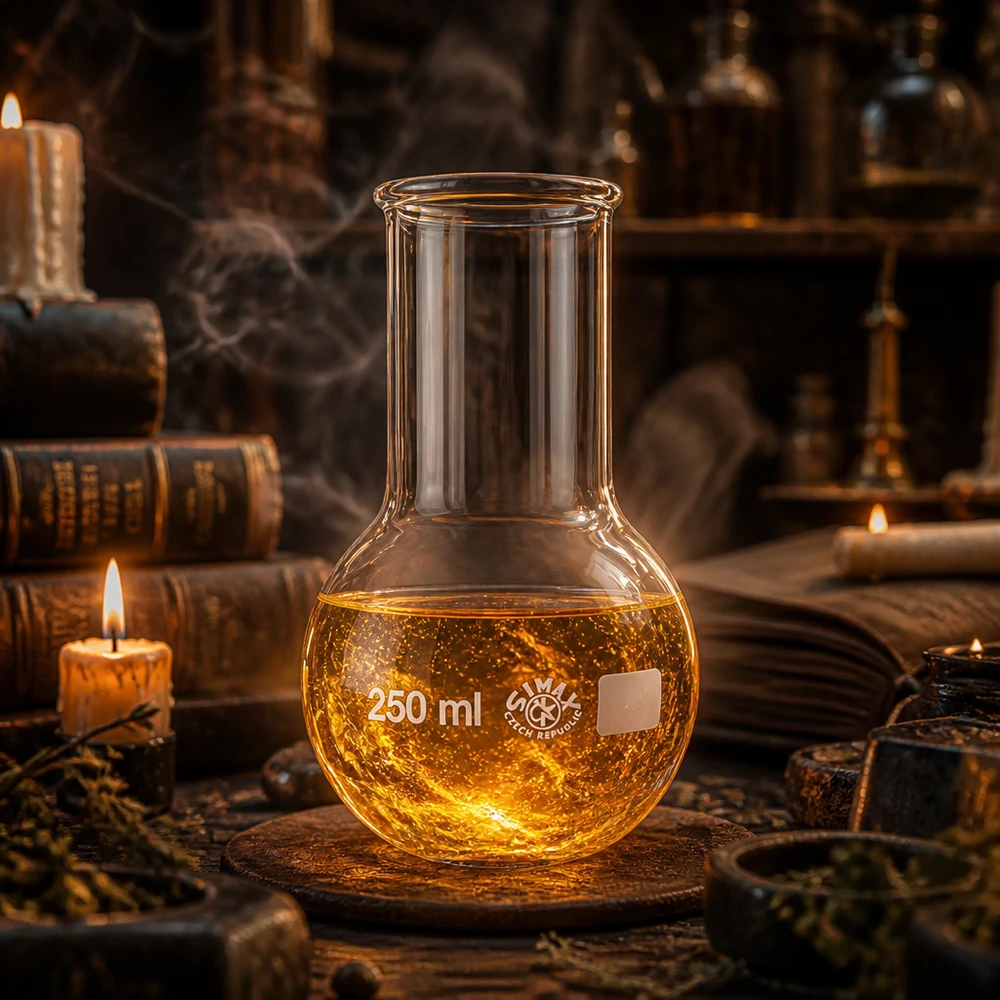 Rundkolben 250ml Weithals in nostalgischer Laborumgebung mit alten Büchern und Kerzenbeleuchtung