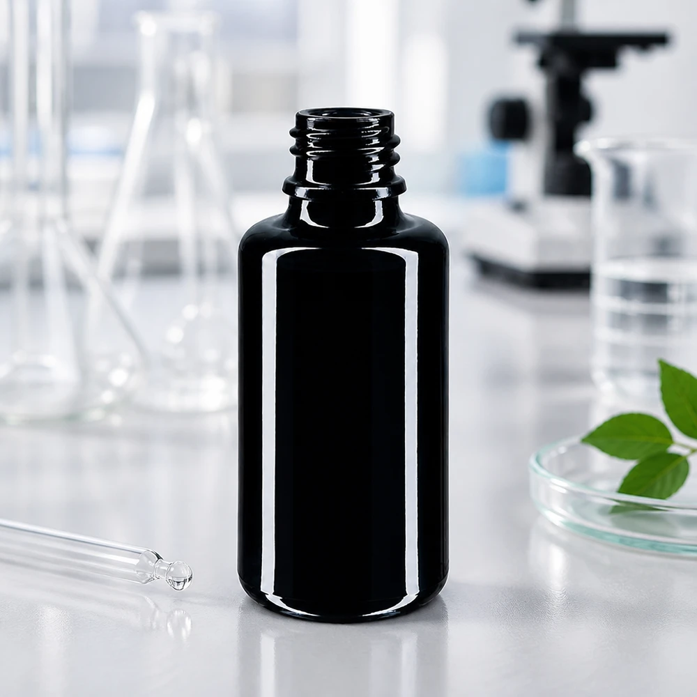 Stilvolle Tropfflasche Orion 30ml aus dunklem Miron Glas mit eleganter Glasoptik