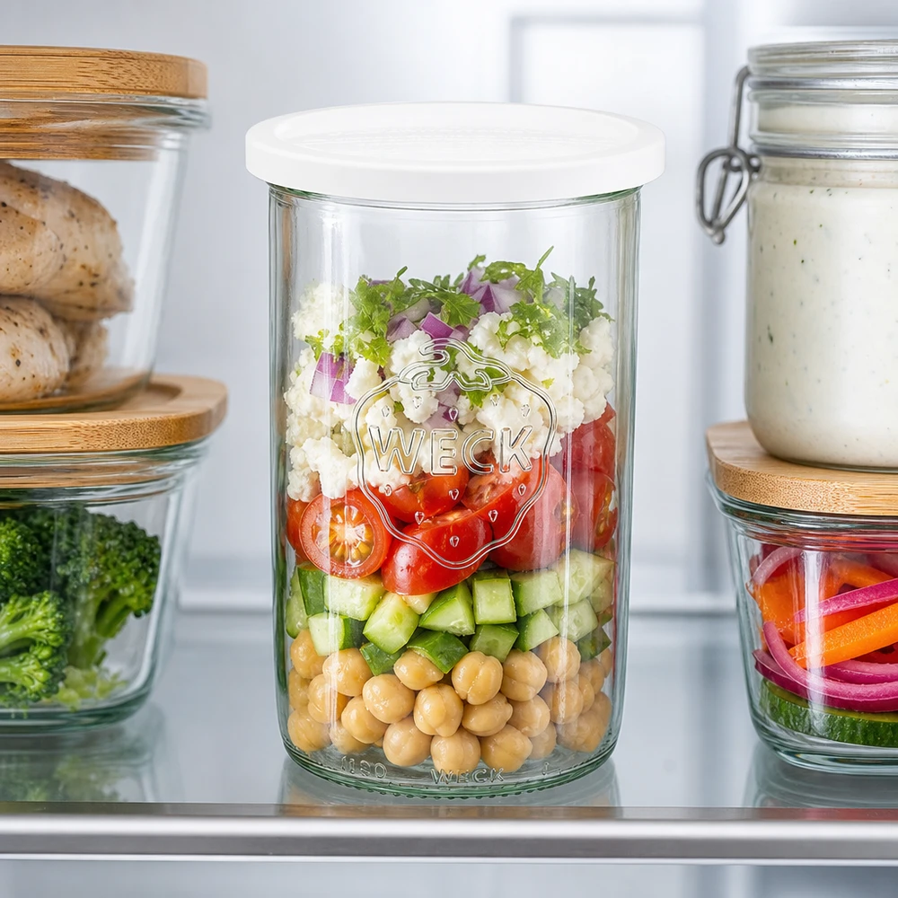 1000ml Sturzglas mit Frischedeckel WECK RR100 WECK Sturzglas 1000ml RR100 mit Schichtsalat aus Kichererbsen, Gurken und Tomaten zeigt Meal Prep Funktion im Kühlschran