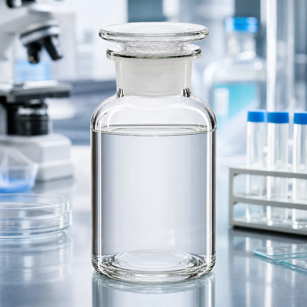 Pharmazeutische Glasflasche 250ml mit Weithalsstopfen und klarem Inhalt im Laborumfeld