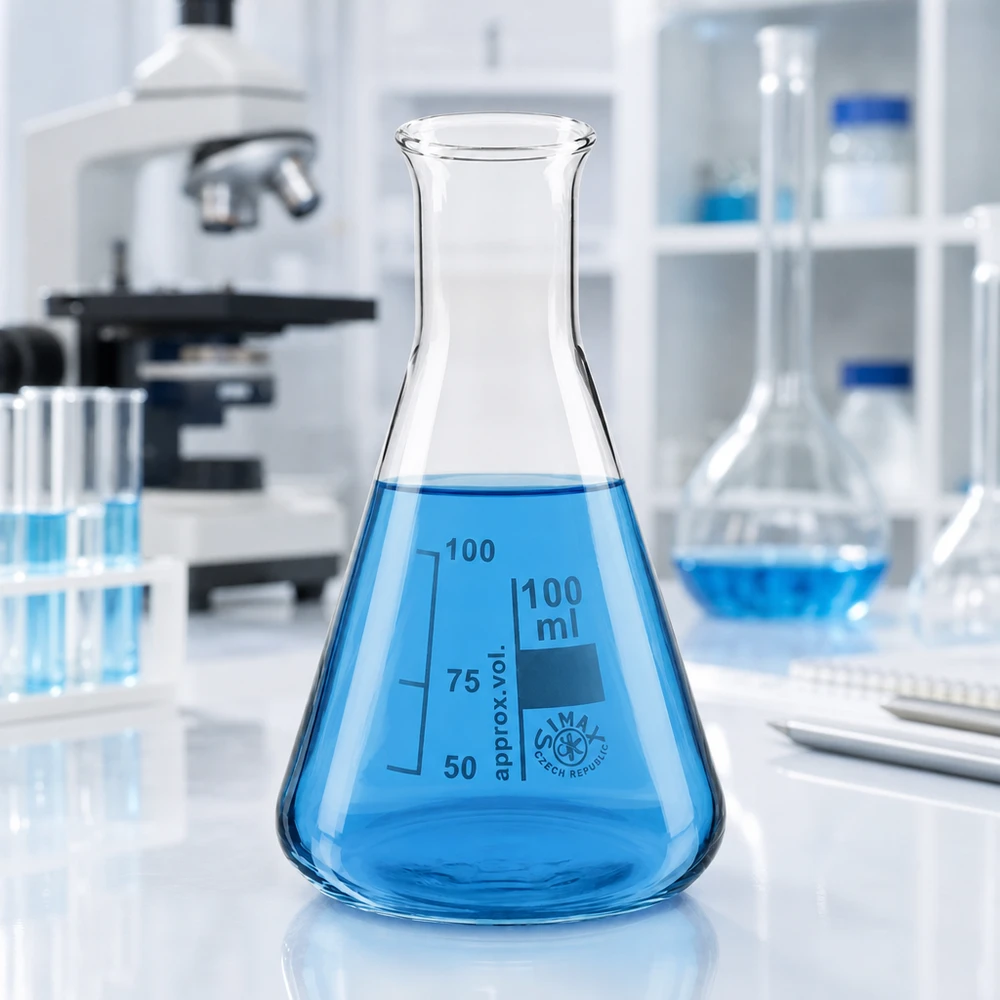 Erlenmeyerkolben 100ml Enghals Erlenmeyerkolben 100ml Enghals gefüllt mit azurblauer Lösung für chemische Versuche
