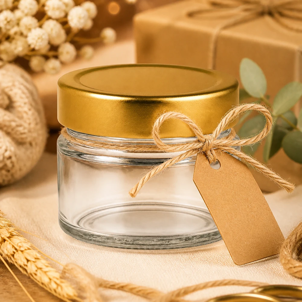 Stabiles 80ml Rundglas UNiTWIST mit luftdichtem Golddeckel für Gastgeschenke geeignet