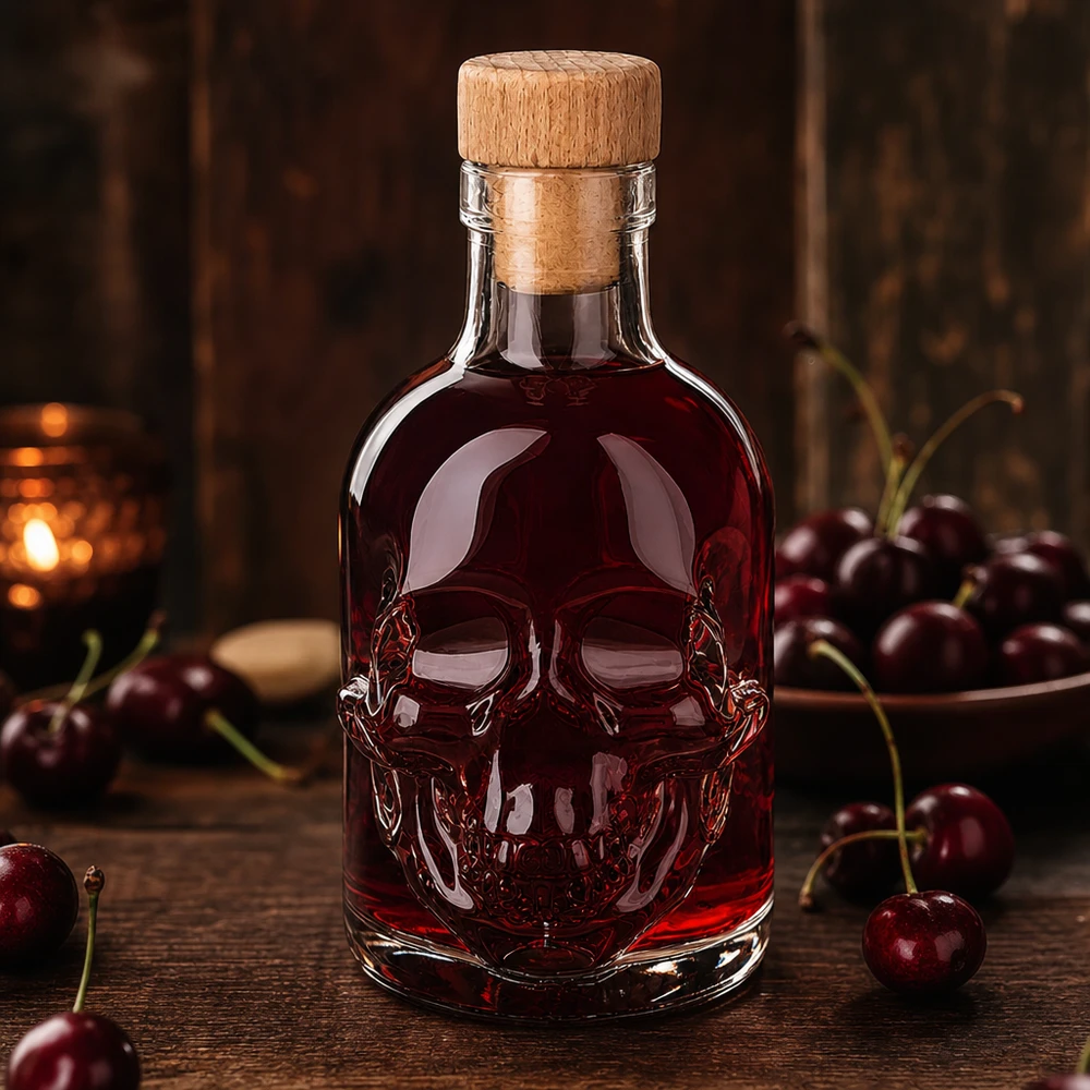 200ml Glasflasche "Jack" mit Holzgriff-Korken UNiTWIST 200ml Totenkopf-Glasflasche Jack mit roter Kirschflüssigkeit und Holzkorken, umgeben von frischen Kirschen