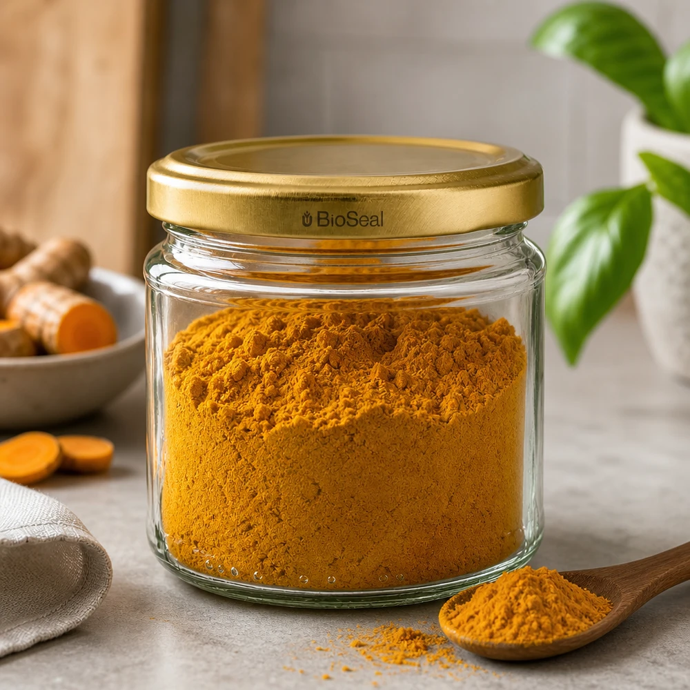 212ml Rundglas mit BioSeal Deckel gold UNiTWIST Rundglas 212ml mit goldenem BioSeal Deckel gefüllt mit Kurkumapulver zeigt praktische Gewürzaufbewahrung