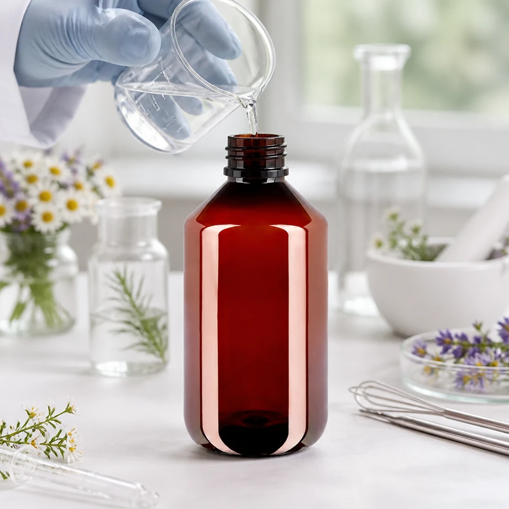 PET Flasche 500ml mit weißem Standard Originalitätsverschluss Braune PET Verpackungsflasche 500ml mit OV umgeben von Kräutern und Laborglas