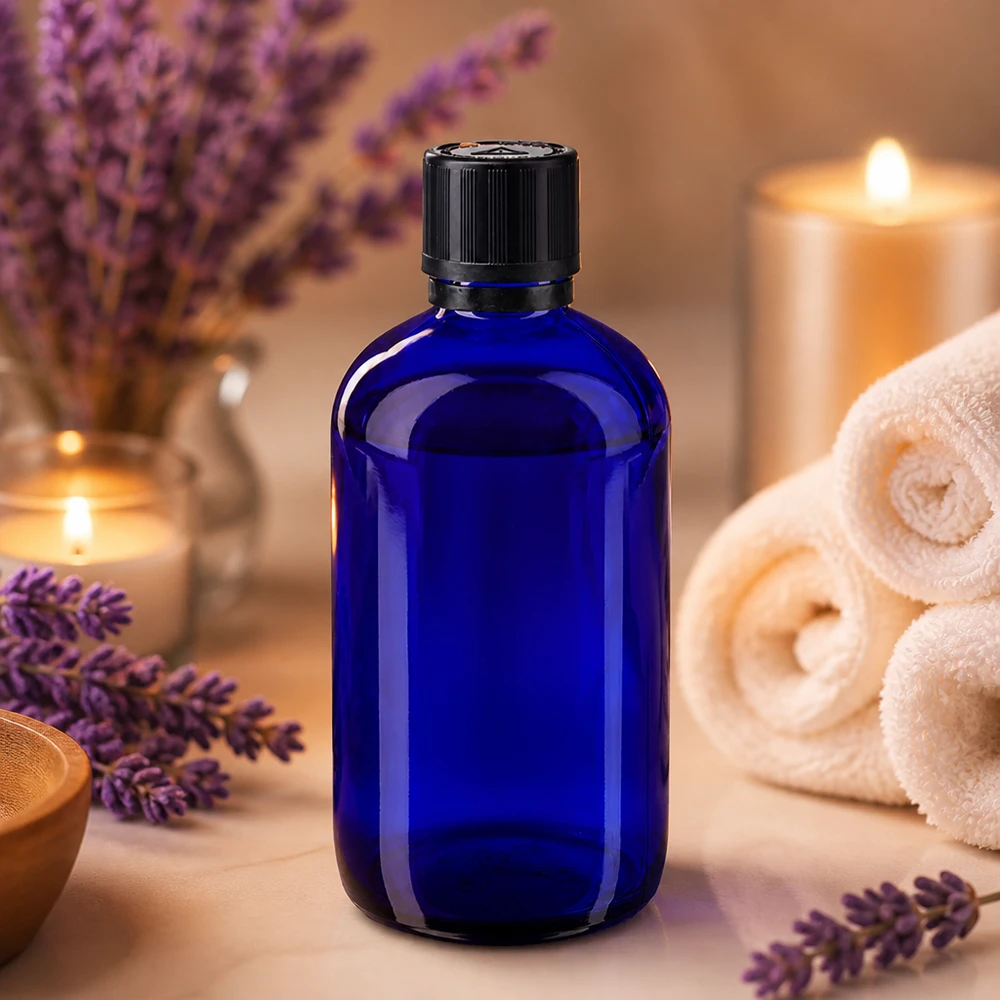 Apothekenflasche blau 100ml Tropfer Premium 1mm schwarz Kindersicherung Blindenwarnsymbol Originalitätsverschluss Apothekerflasche aus kobaltblauem Glas 100ml mit schwarzem KiSi Originalverschluss und 1mm Tropfer