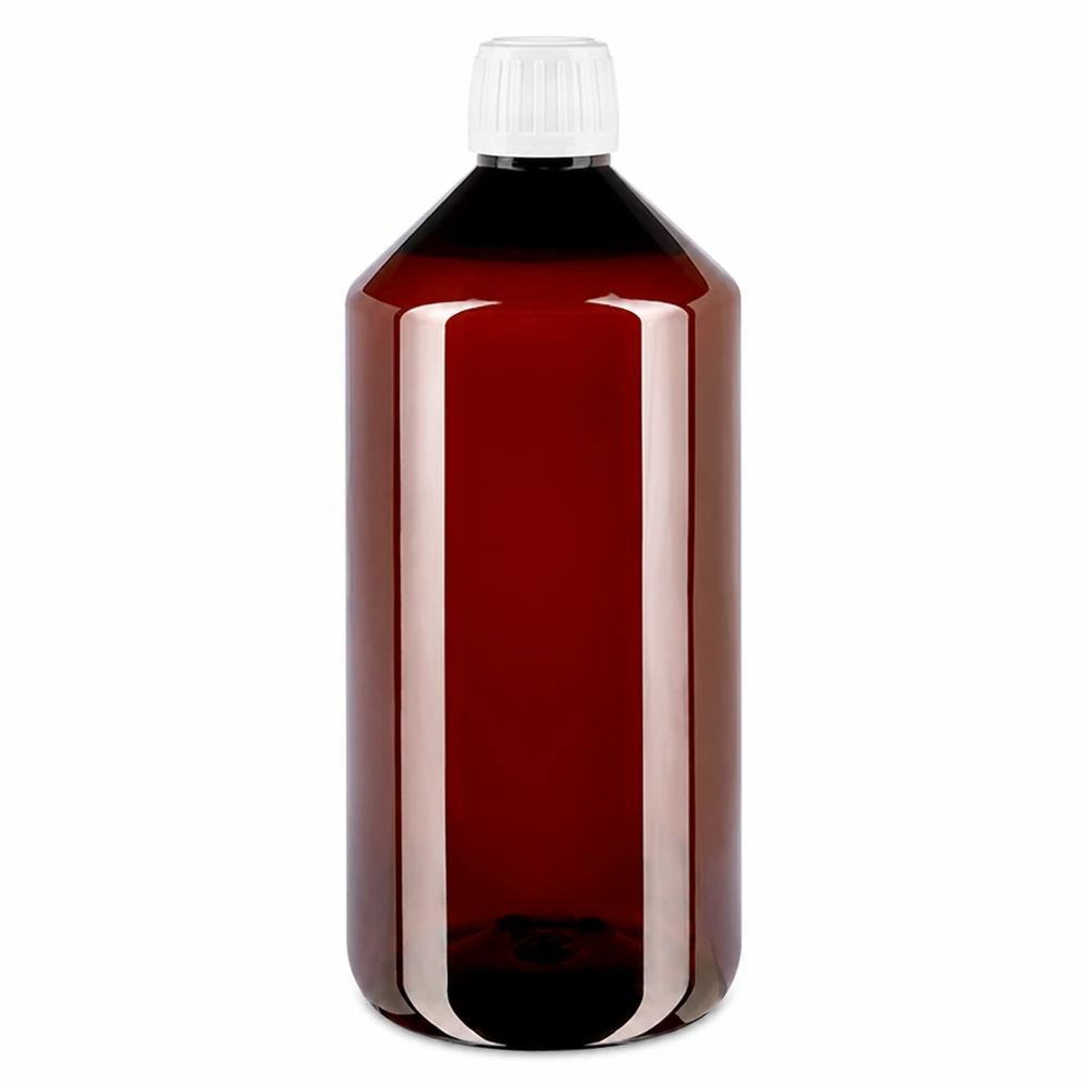PET Flasche 1000ml mit weißem Standard Originalitätsverschluss Große braune PET Vorratsflasche 1L mit weißem Sicherheitsverschluss für Chemikalien und Pharma