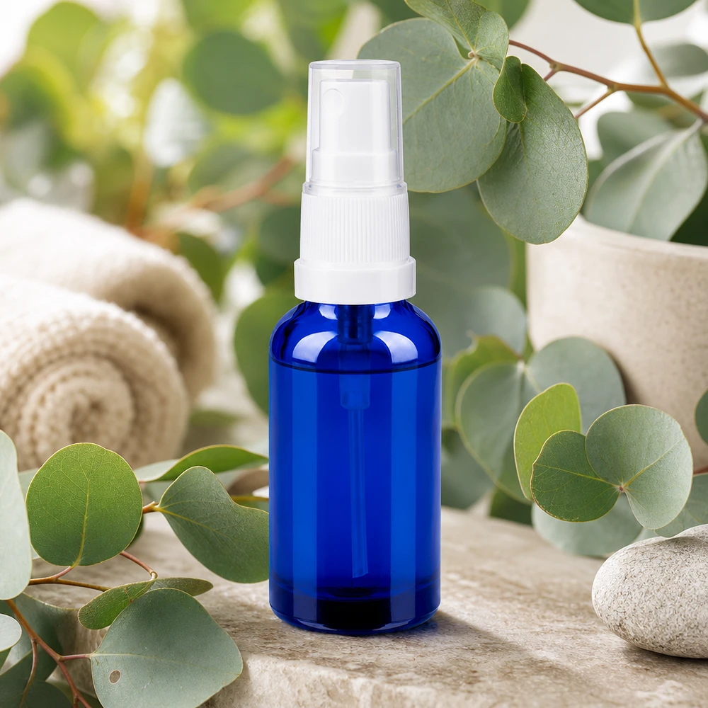 30ml Sprayflasche weiß/transparent Standardverschluss BlueLine UT18/30 Vielseitige blaue 30ml Sprayflasche mit feinem Sprühnebel für Aromatherapie und Wellness