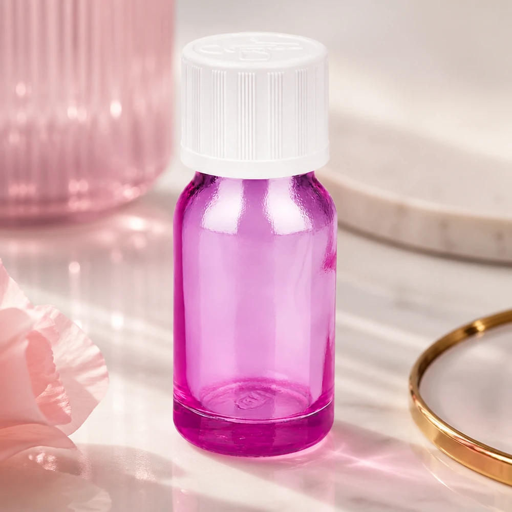 Handliche 10ml Tropfflasche in lila mit weißem Schraubdeckel für Reise und unterwegs