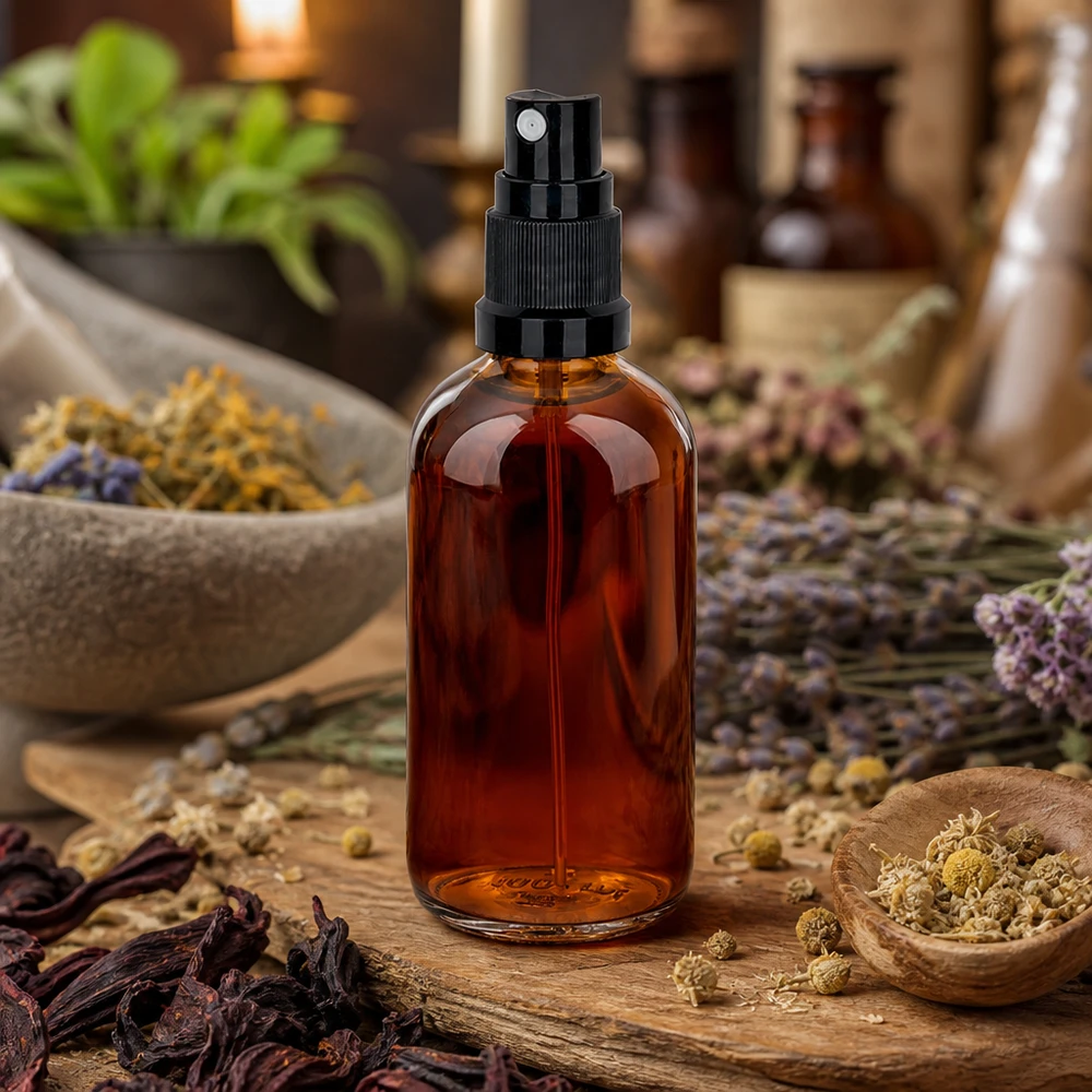 100ml Glasflasche STD ClearLine mit schwarzem Zerstäuber neben Mörser und Holzschälchen