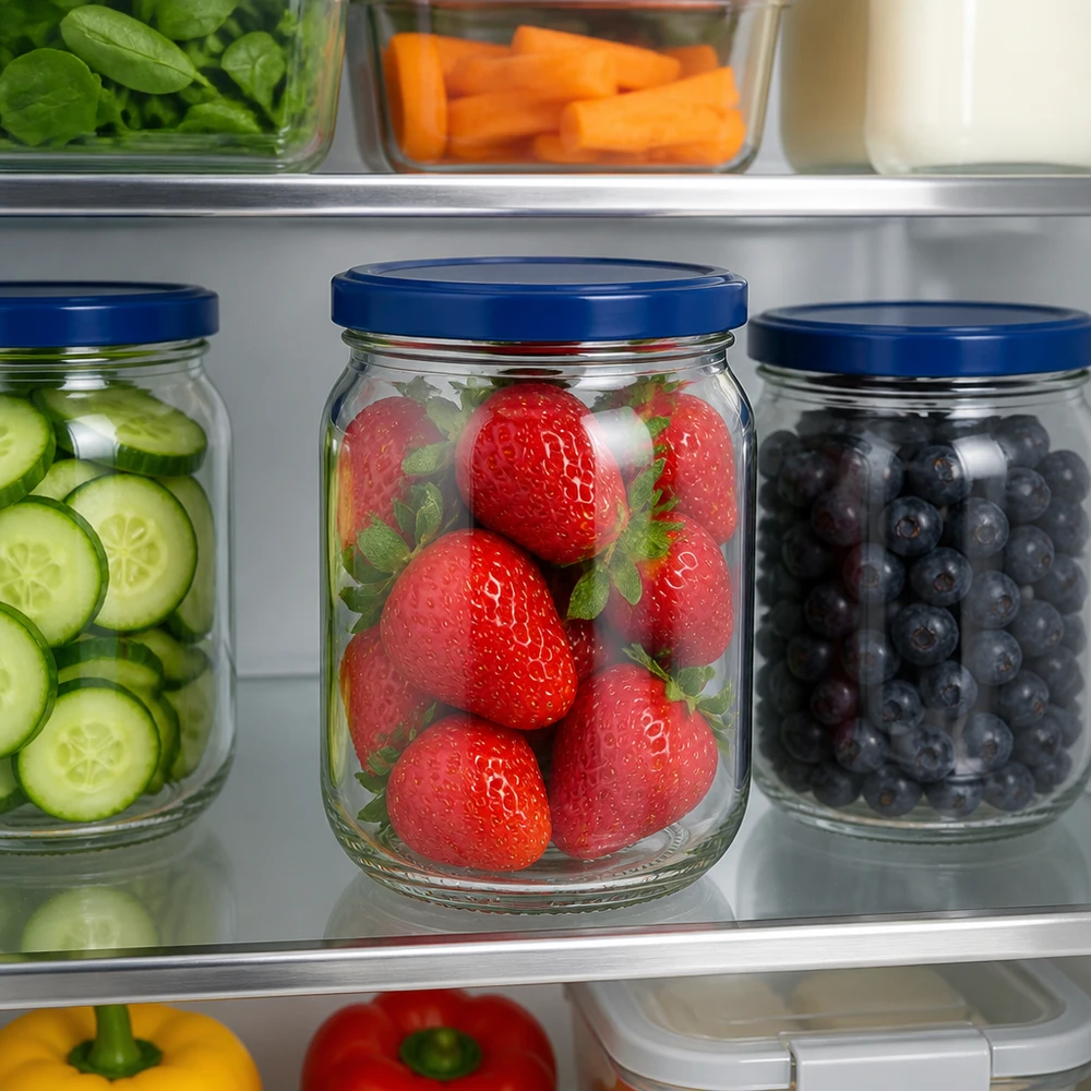 Organisierter Kühlschrank mit 555ml UNiTWIST Rundgläsern und blauen BasicSeal Deckeln für Meal Prep