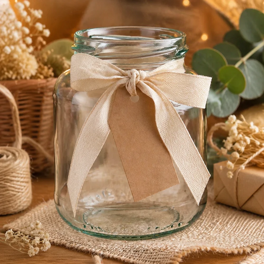 370ml Ovalglas ohne Deckel (TO66) UNiTWIST UNiTWIST Oval370 Einmachglas 370ml TO66 mit Schleifenband und Anhänger als Geschenkverpackung auf Jute