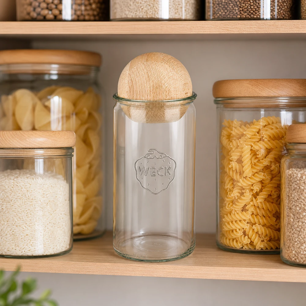 1590ml Zylinderglas WECK RR100 mit Holzkugel Buche WECK Zylinderglas 1590ml RR100 mit Holzkugel in organisierter Vorratsküche neben Reis, Nudeln und anderen Lebensmitteln