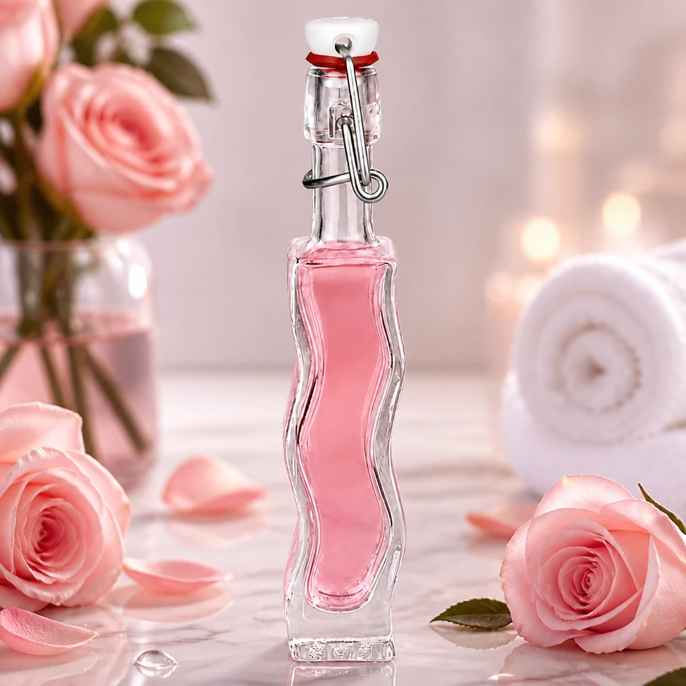 40ml Glasflasche "Anna" mit PVC Bügelverschluss UNiTWIST 40ml Glasflasche Anna mit rosa Flüssigkeit in romantischem Ambiente mit Rosen und weichen Pastelltönen