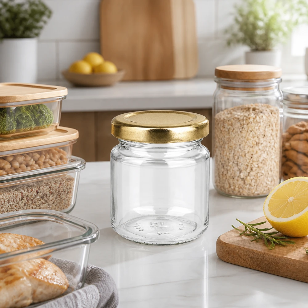 53 ml Rundglas 48er-Set mit Deckel (Deckelfarbe: gold) – UNiTWIST UNiTWIST 53ml Rundglas mit goldenem Deckel ideal für Vorratshaltung und Portionierung