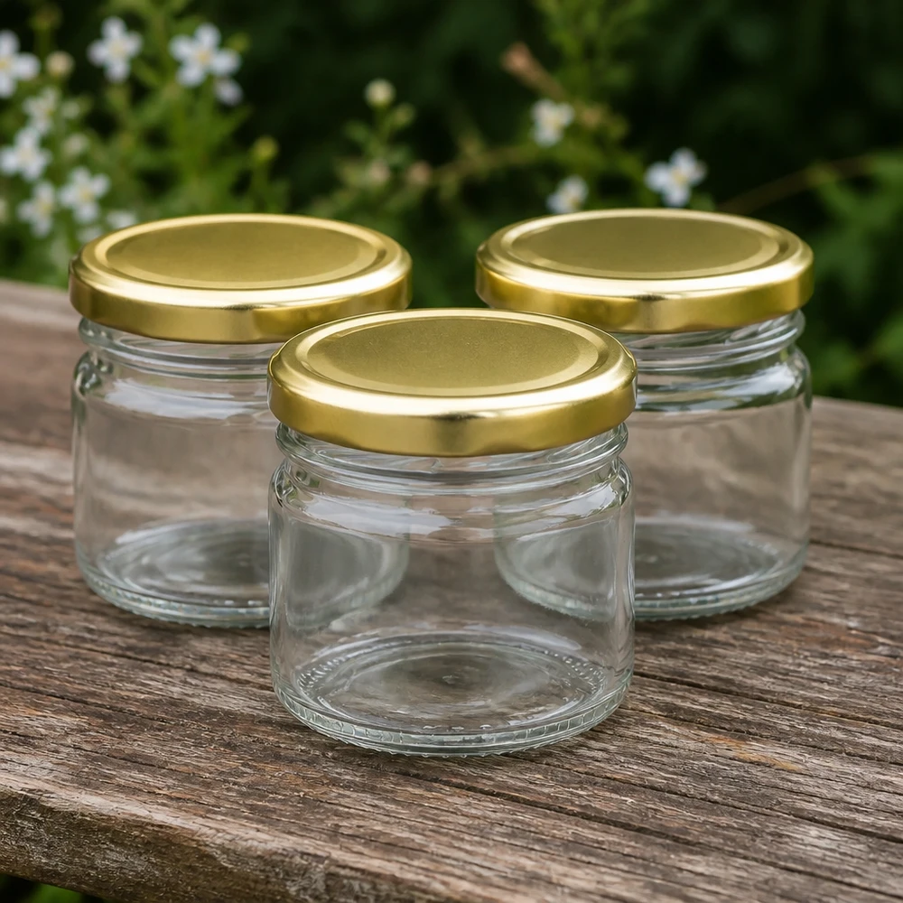 Dekorative Rundgläser 33ml Klarglas mit goldfarbenem Deckel für Dips und Saucen UNiTWIST