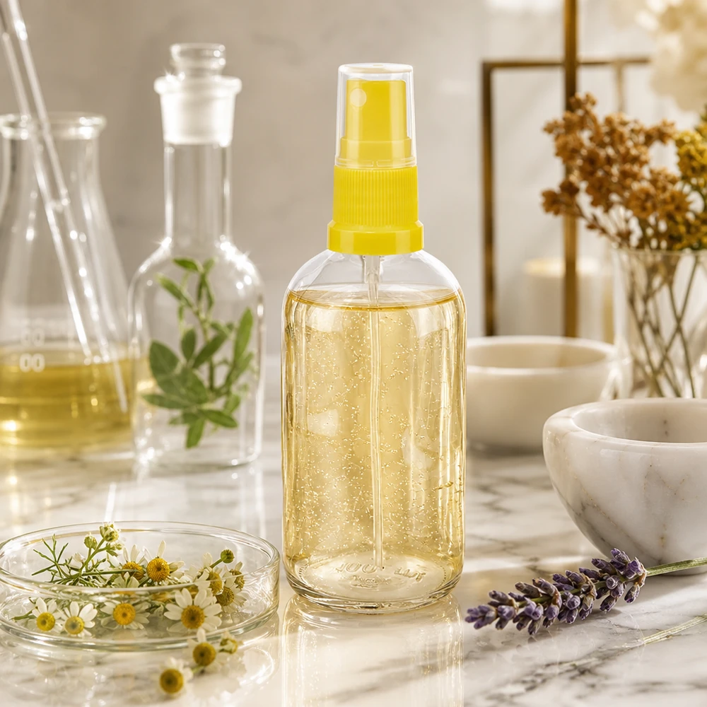100ml Sprayflasche gelb/transparent Standardverschluss ClearLine UT18/100 100ml Rundflasche transparenter Behälter gelber Sprühkopf Naturkosmetik Kräuteranwendung
