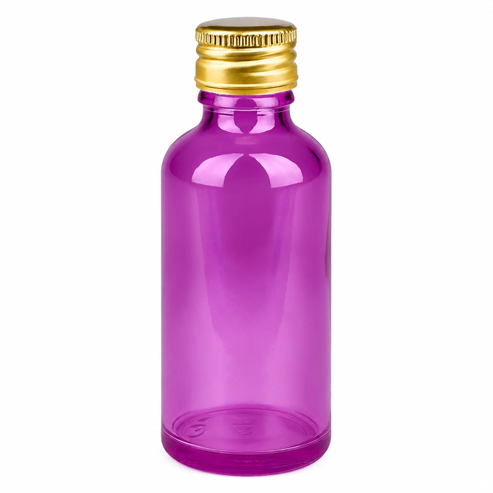50ml Flasche 11mm Schraubverschluss Alu-Gold Standard PurpleLine. UT18/50 Premium 50ml Flasche mit UV Schutz in Purple und luxuriöser Alu Gold Kappe