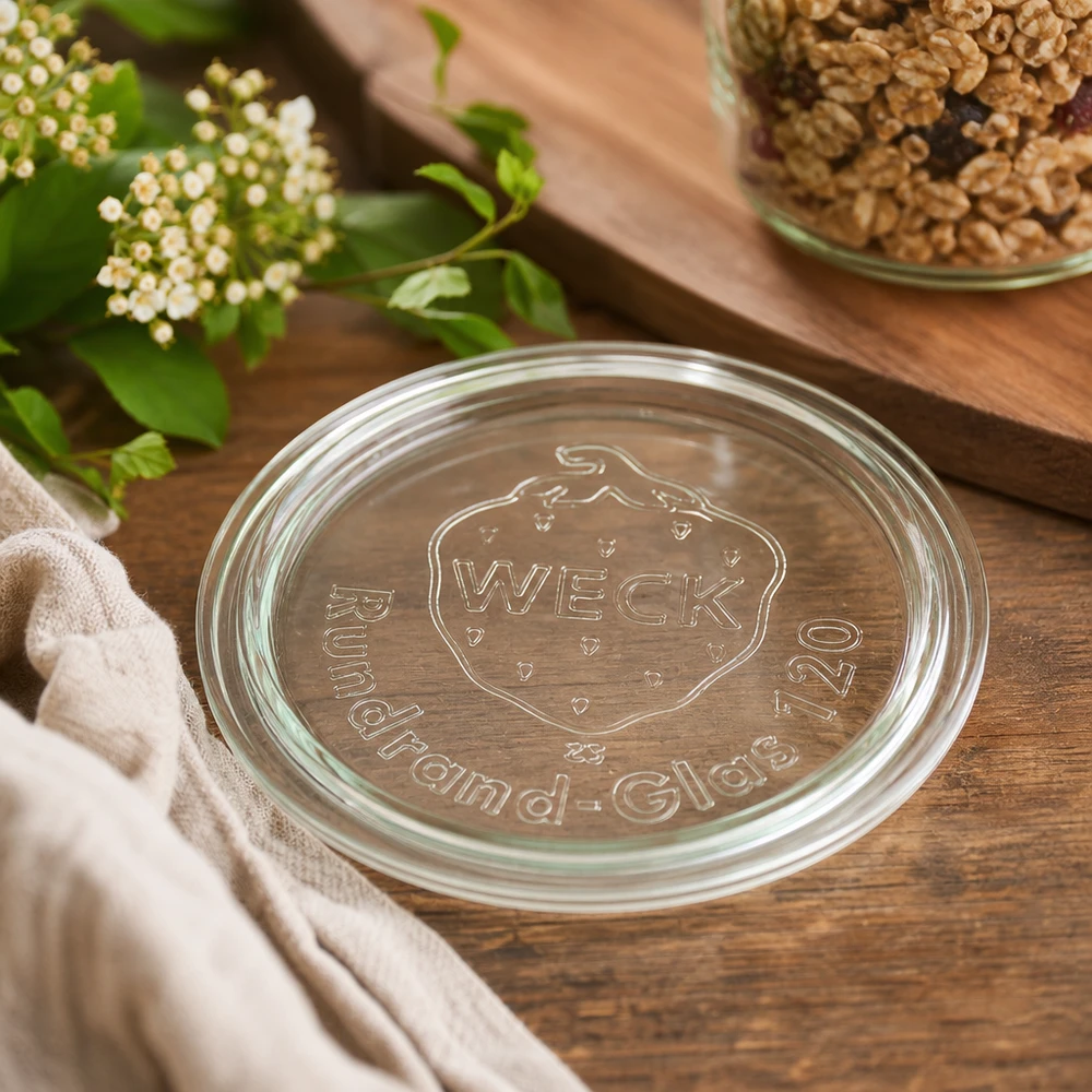 WECK Glasdeckel RR120 WECK Glasdeckel RR120 Detailaufnahme mit geprägtem Logo auf Holzuntergrund neben Walnüssen und weißen Blüten