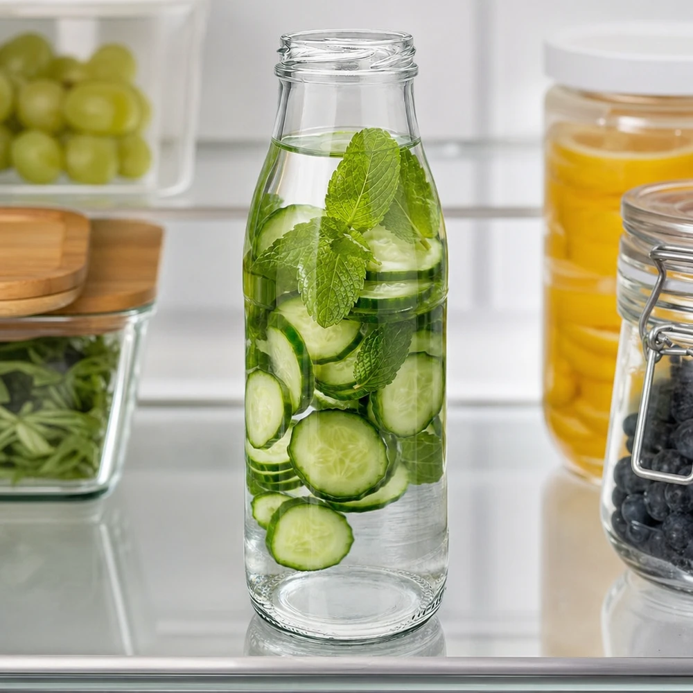 500ml Glasflasche TO48 UNiTWIST mit Gurkenscheiben und Minze als Infused Water im modernen Kühlschrank
