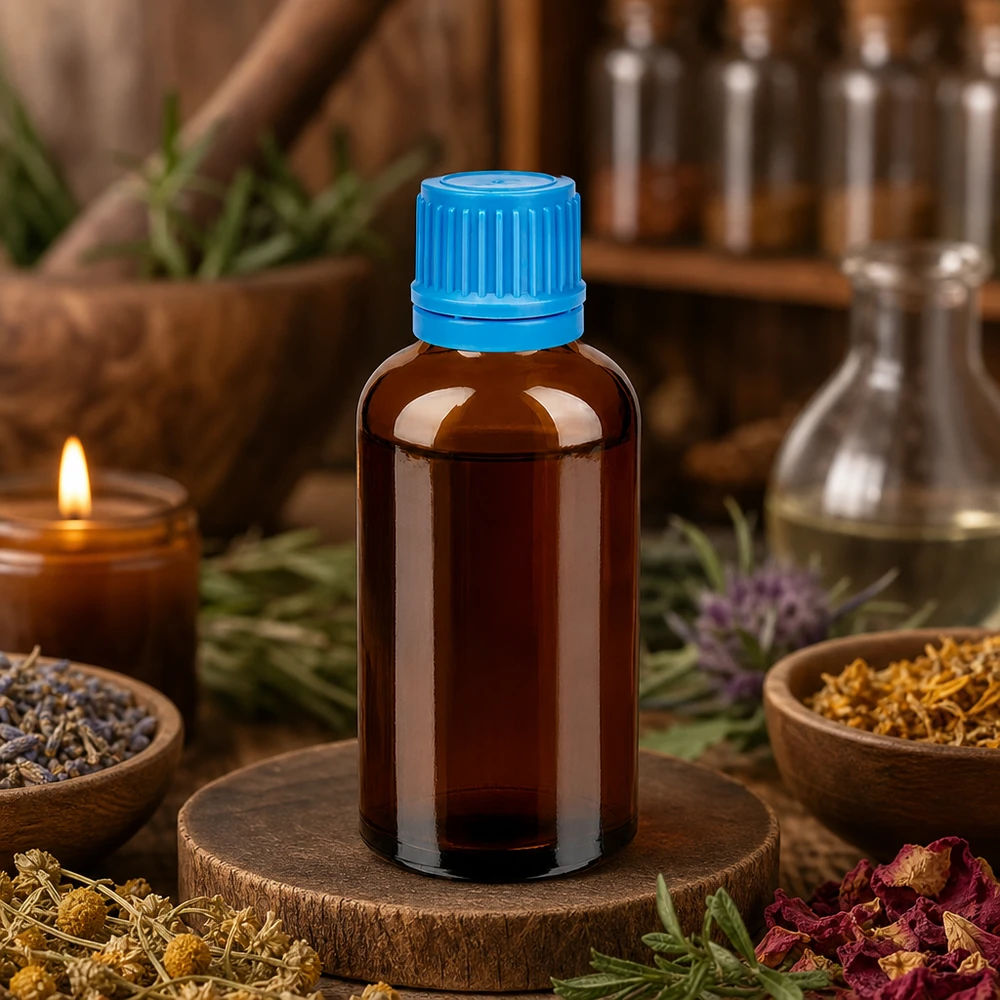 50ml Flasche 11mm Schraubverschluss blau Originalitätsverschluss BrownLine UT18/50 50ml Glasflasche mit UV-Schutz und blauem Verschluss für professionelle Anwendung in der Apotheke