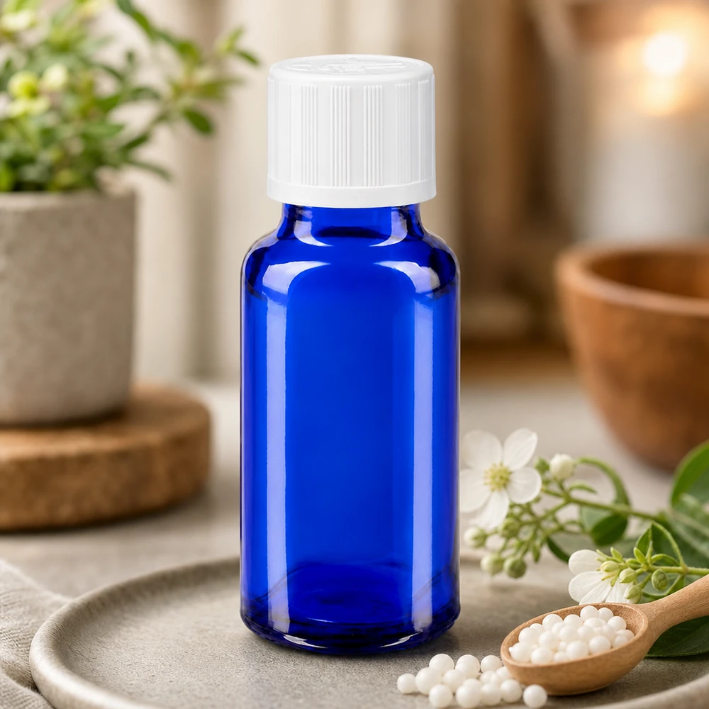 Apothekenflasche blau 20ml Schraubverschluss weiß Kindersicherung Standard Kleine Apothekerflasche blau 20ml weißer Kindersicherheitsverschluss zwischen weißen Blüten