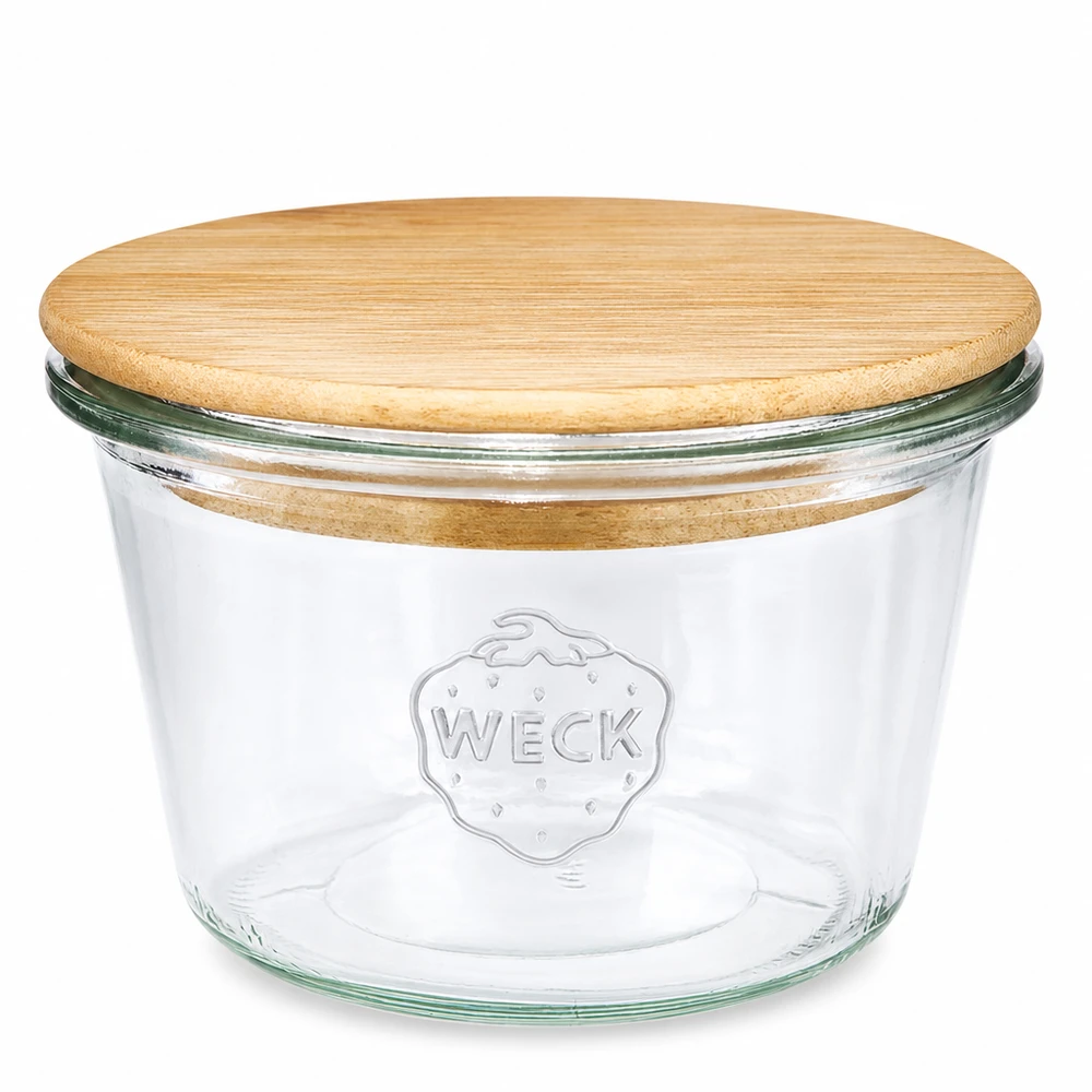 370ml Sturzglas WECK RR100 mit Holzdeckel 370ml WECK RR100 Sturzglas mit Holzdeckel - rundes Einmachglas aus Glas mit Bambusdeckel für Küche