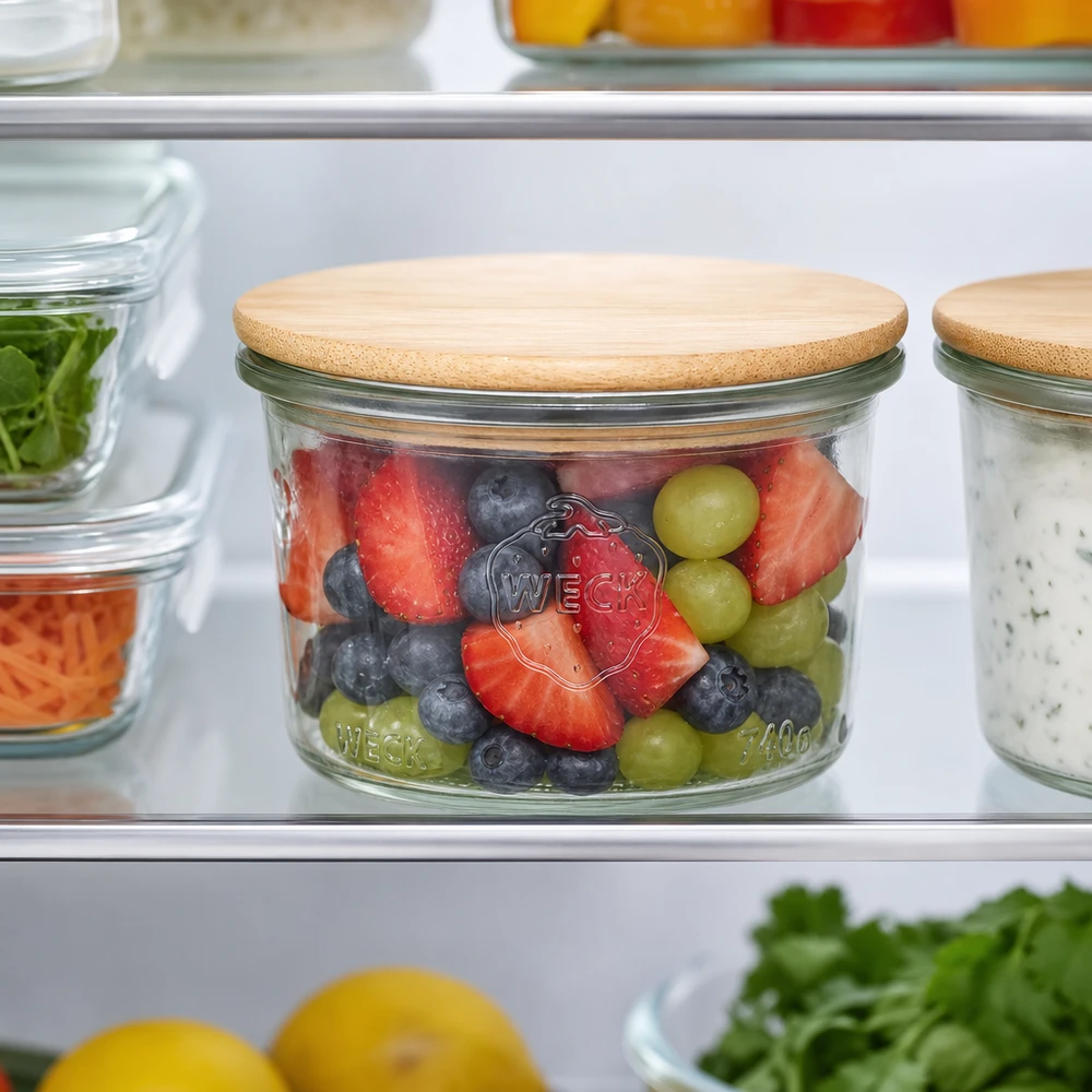 200ml Sturzglas WECK RR80 mit Holzdeckel WECK Sturzglas 200ml RR80 mit Bambusdeckel gefüllt mit buntem Obstsalat im Kühlschrank für optimale Lebensmittelaufbewah