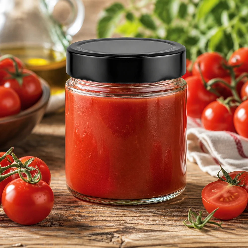 Kompaktes 135ml Rundglas von UNiTWIST mit schwarzem Metalldeckel für Tomatenprodukte
