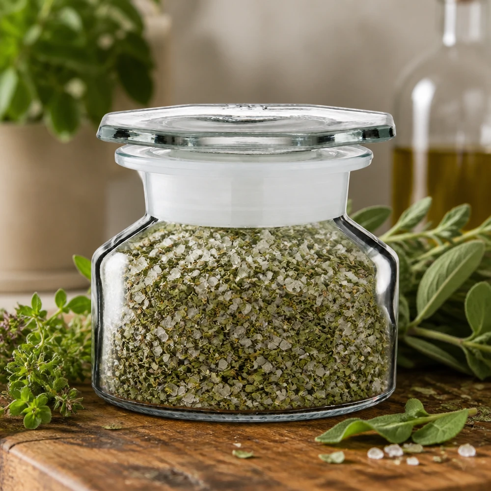 Gewürzglas Idee: 50 ml Steilbrustflasche Weithals Klarglas Bauchige Klarglas Gewürzflasche 50ml Weithals mit Kräutersalz und Salbeiblättern