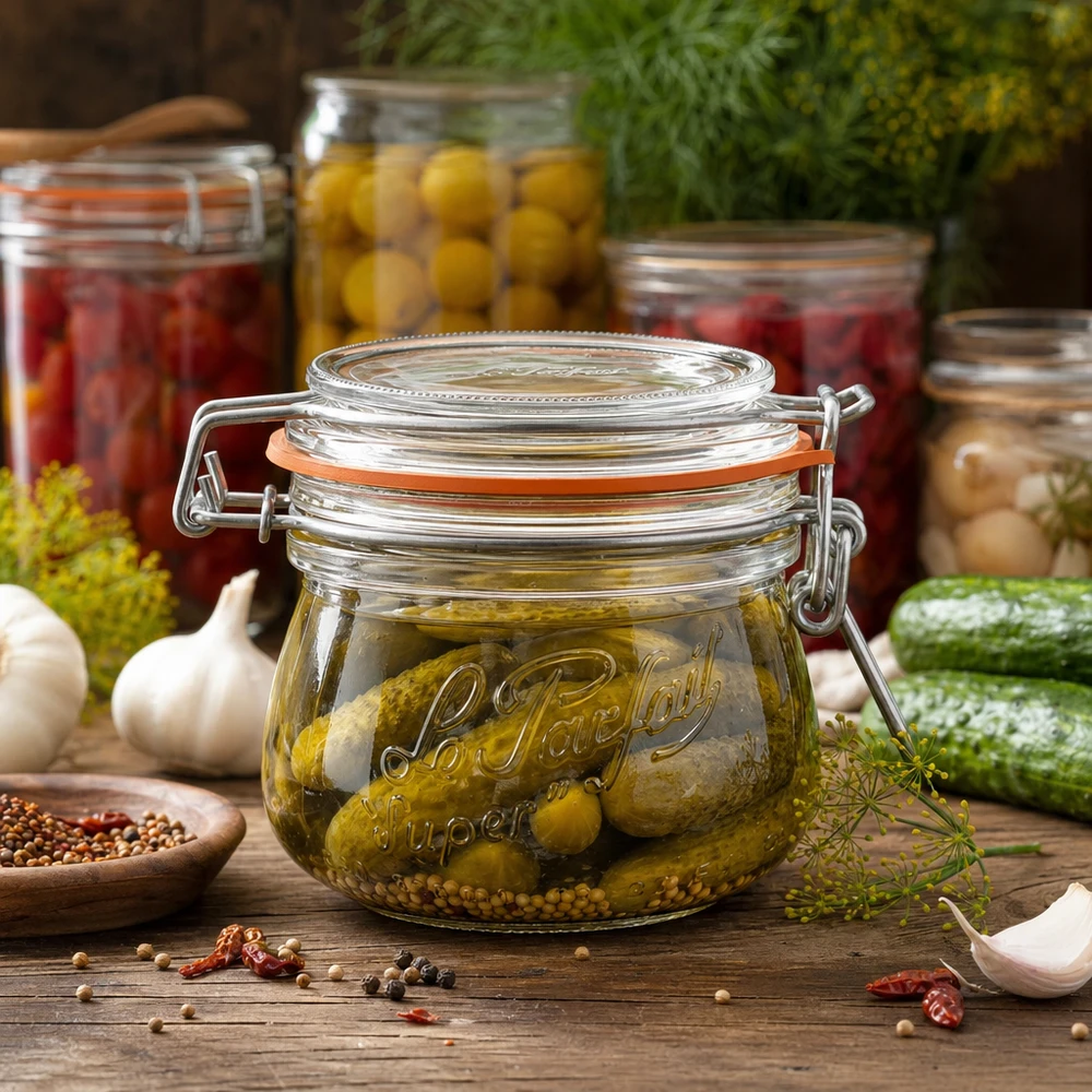 250ml Vorratsglas "Super" mit Bügelverschluss Le Parfait® 250ml Le Parfait Super Vorratsglas mit Bügelverschluss gefüllt mit eingelegten Gurken auf Holztisch mit Gewürzen