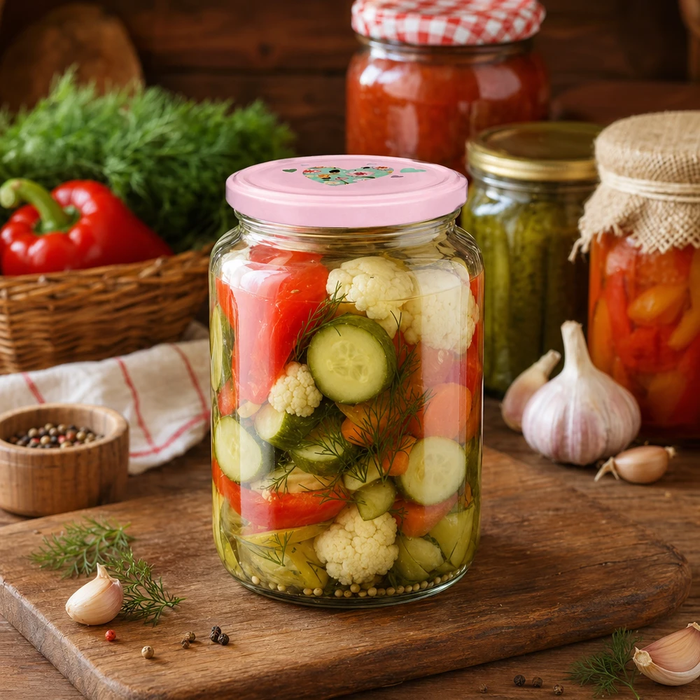 Rundglas 795ml mit rosa Herzdeckel befüllt mit eingelegtem Gemüse Gurken Blumenkohl Paprika in rustikaler Küche