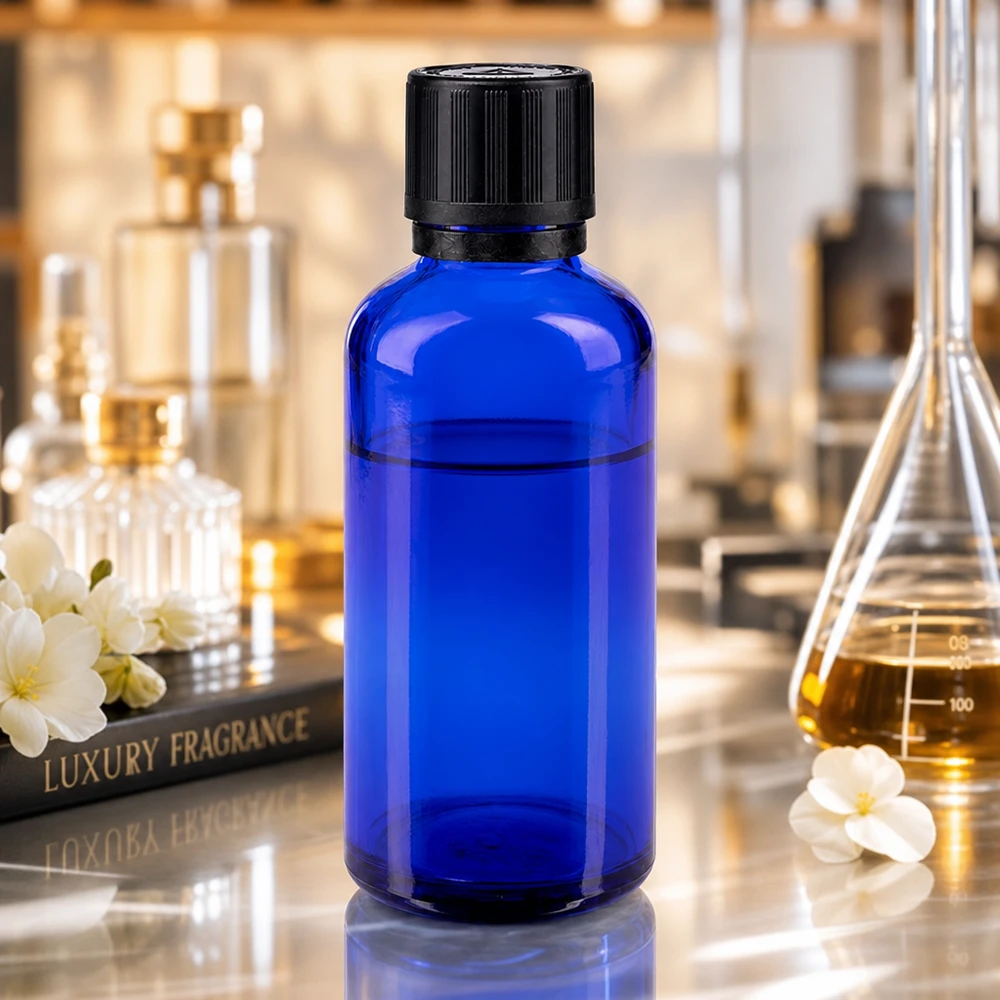 Blaue 50ml Apotheker-Tropfflasche mit OV-Schraubverschluss auf Marmorfläche mit Jasminblüten