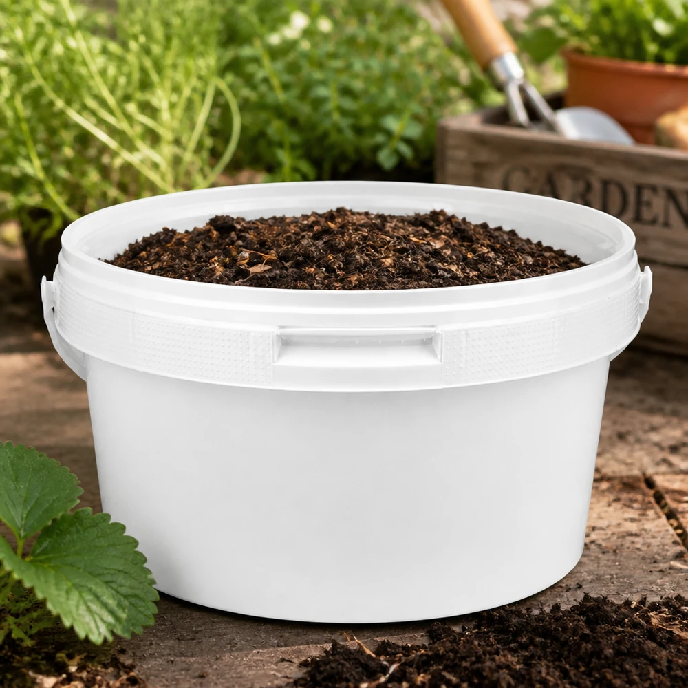 Eimer 3.5L aus weißem Kunststoff Polypropylen mit Deckel Runder Eimer 3,5L weißer Kunststoff mit Deckel ideal für Erde Saatgut und Substrate