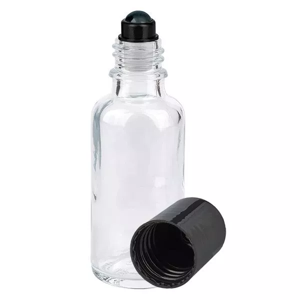 Apothekenflasche klar 30ml Roll-On Verschluss schwarz Apothekenflasche klar 30ml Roll-On Verschluss schwarz