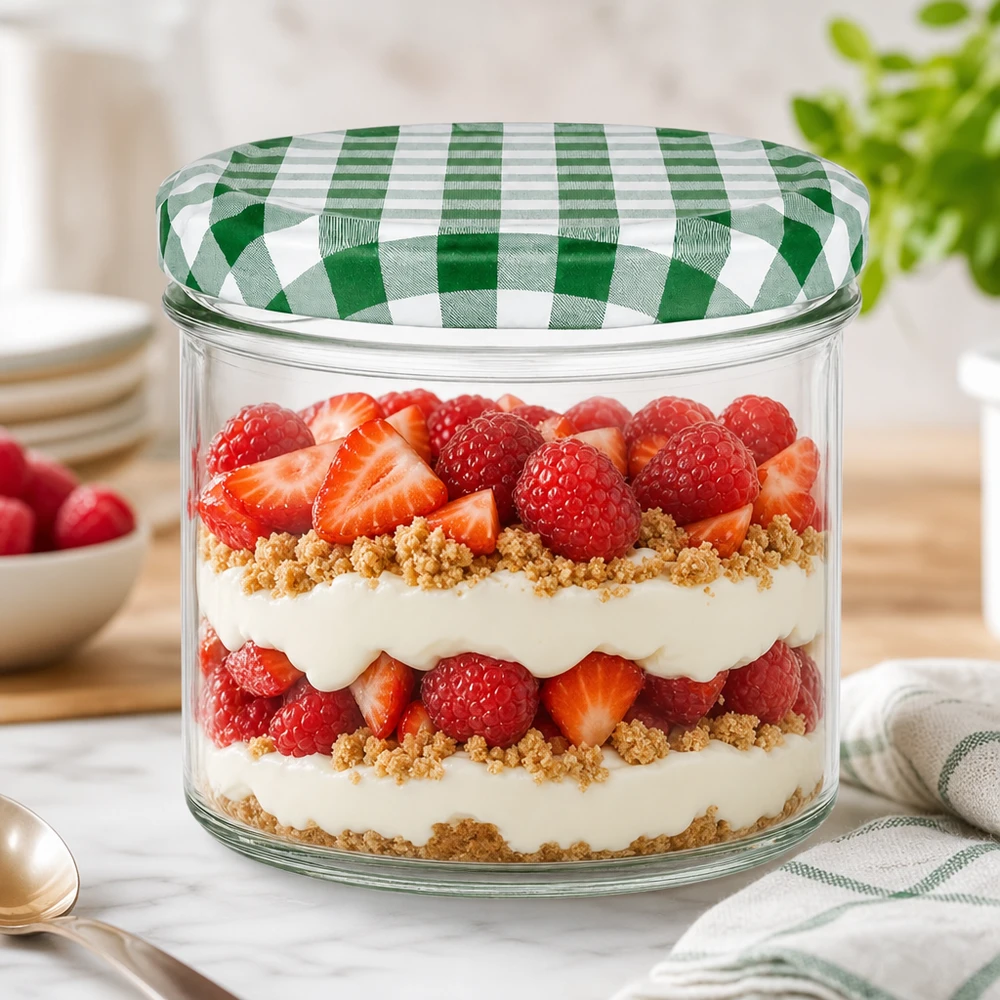 225ml Sturzglas + BasicSeal Deckel grün/weiß UNiTWIST 225ml Sturzglas mit grün-weißem Karodeckel als Dessertglas für Schichtdessert mit Beeren und Sahne