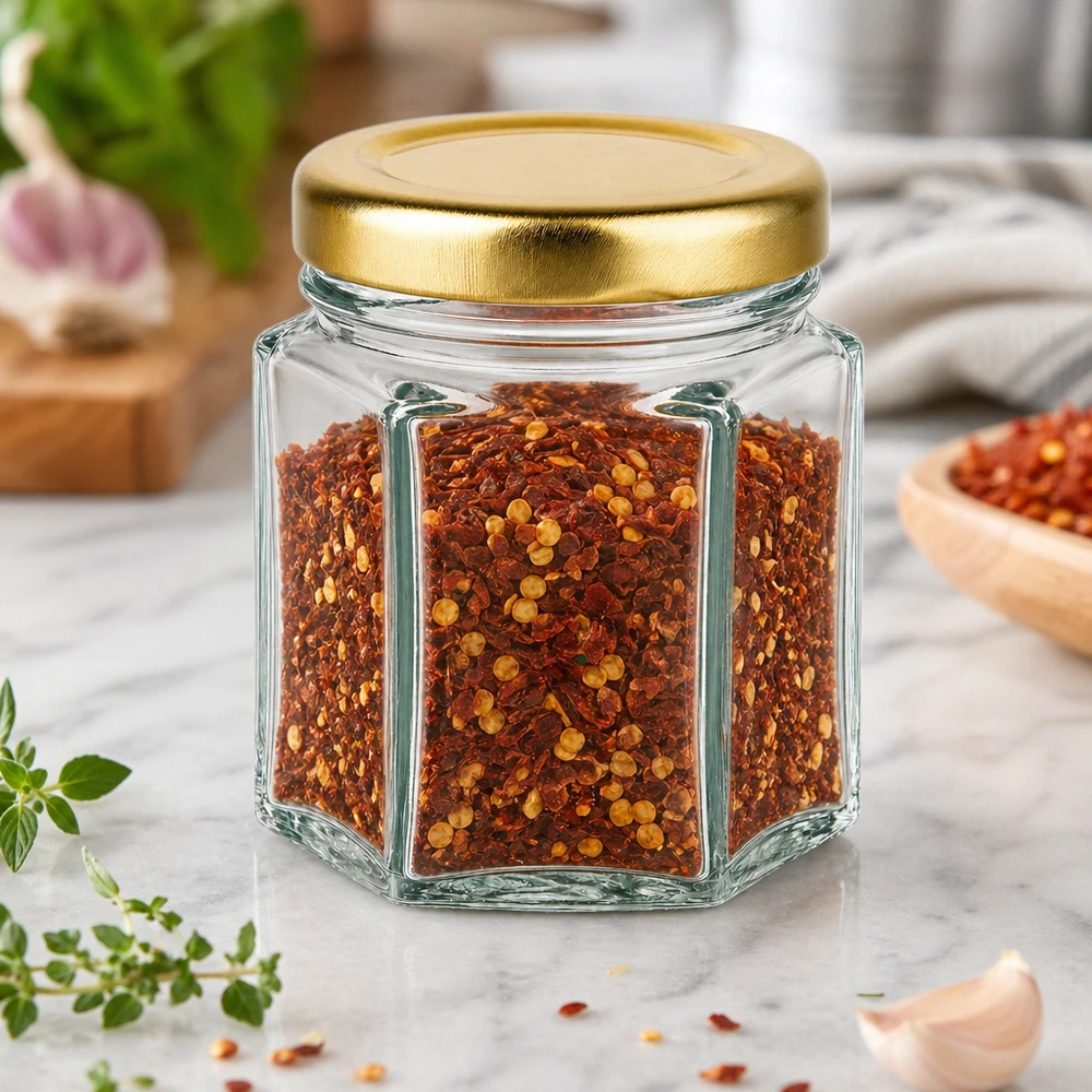 60g Honigglas mit goldenem Deckel BasicSeal UNiTWIST 60g Honigglas hexagonal mit Chilliflocken gefüllt auf Marmortisch mit Kräutern und goldenem BasicSeal Deckel