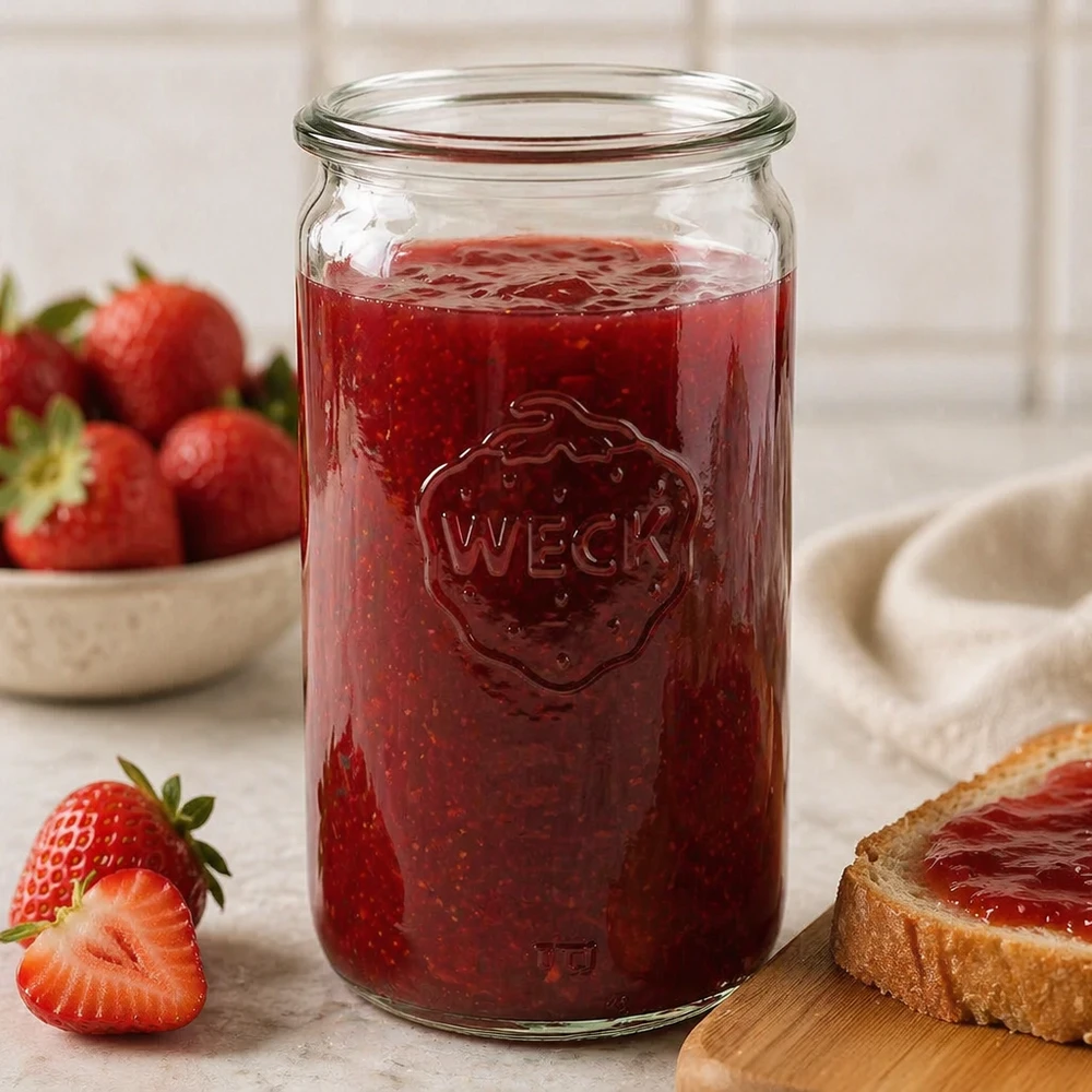 340ml Zylinderglas WECK RR60 WECK 340ml Zylinderglas RR60 mit Erdbeermarmelade befüllt zeigt praktische Verwendung als Einmachglas in der Küche