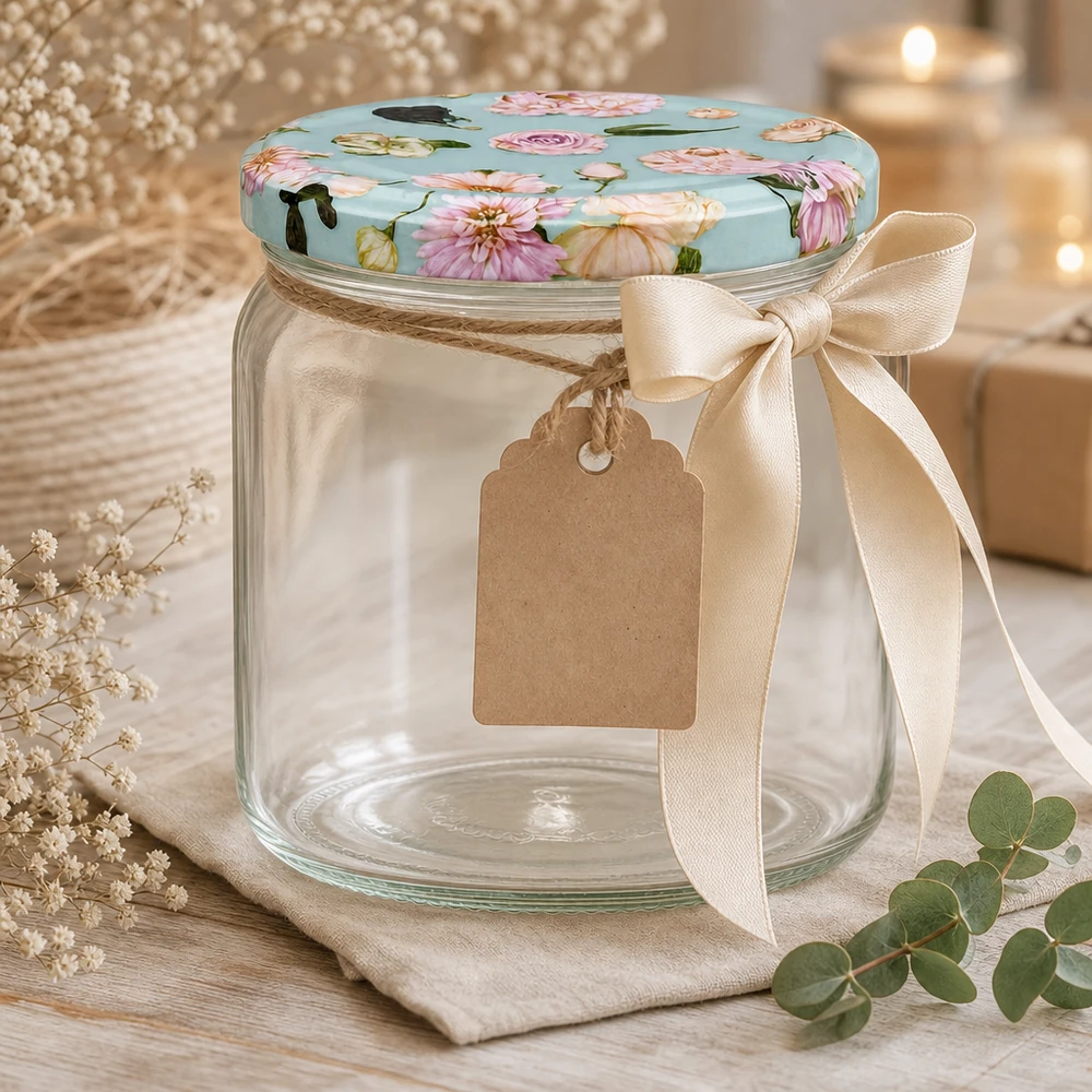 425ml Rundglas mit BasicSeal Deckel Blume mint als Geschenk - leeres Vorratsglas mit Schleife und Geschenkanhänger