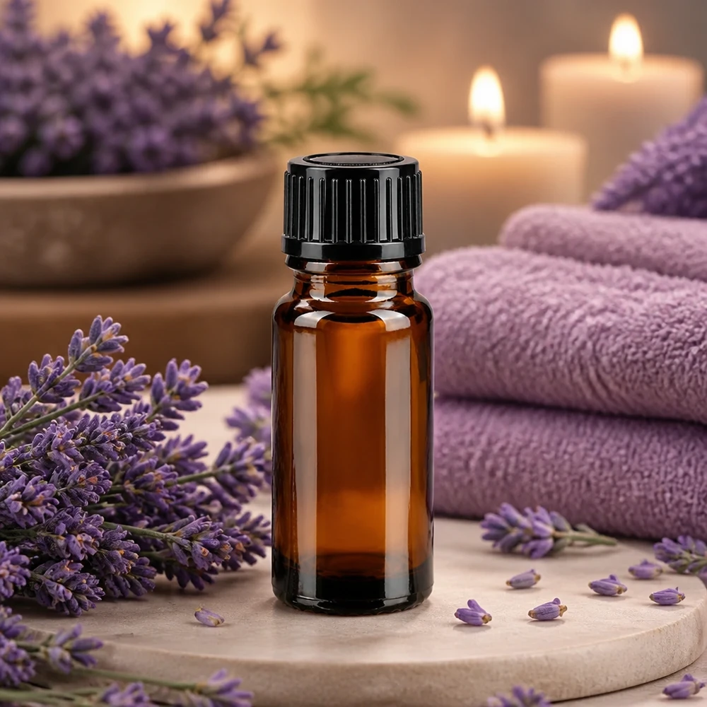 Apothekenflasche braun 10ml Schraubverschluss schwarz Standard Lichtgeschützte Braunglasflasche 10ml für Aromatherapie mit Lavendeldekoration und Kerzenlicht