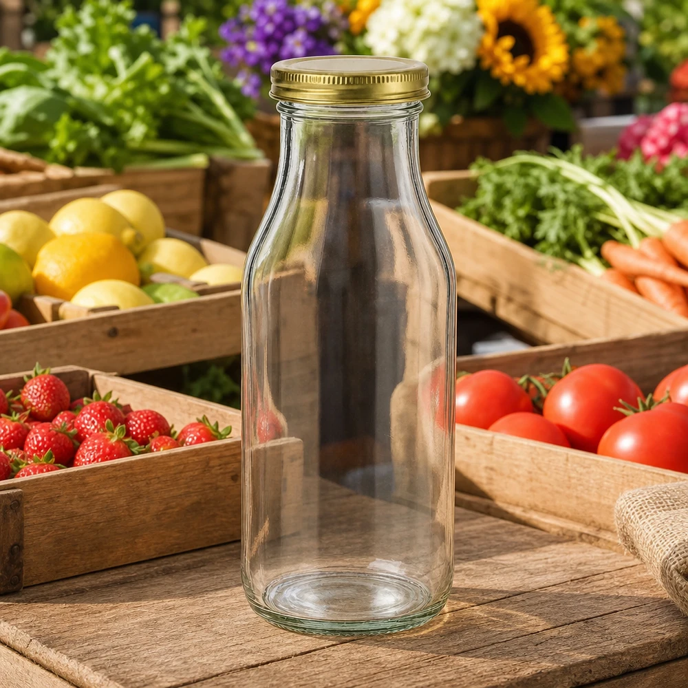 263ml Flasche mit BioSeal Deckel gold UNiTWIST UNiTWIST Bottle263 Glasflasche leer mit goldenem TO43 BioSeal Deckel auf Holztisch zwischen frischem Obst und Gemüse