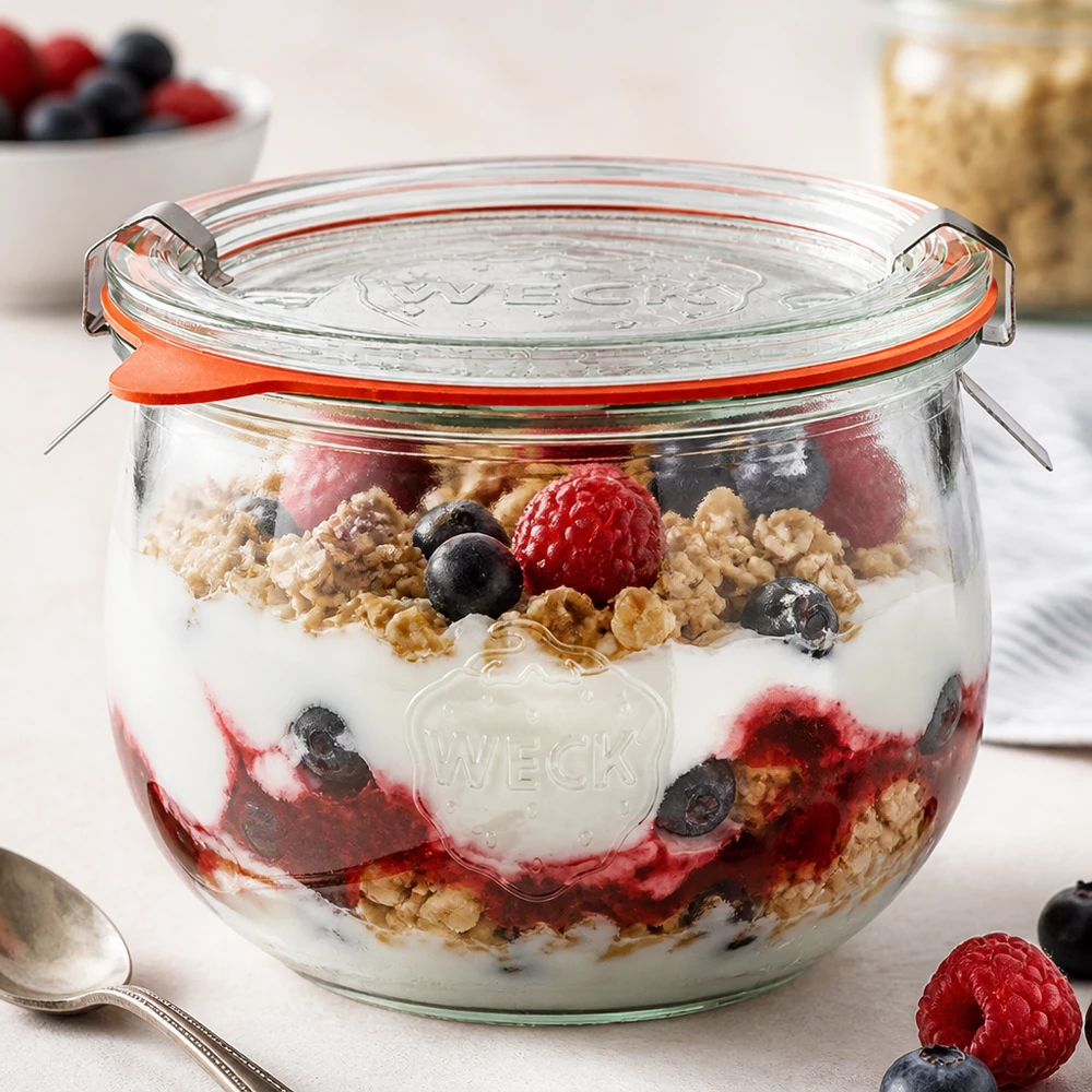 WECK Tulpenglas 580ml RR100 als Parfait-Glas mit Joghurt, Beeren und Granola, perfekt für Desserts und Frühstück