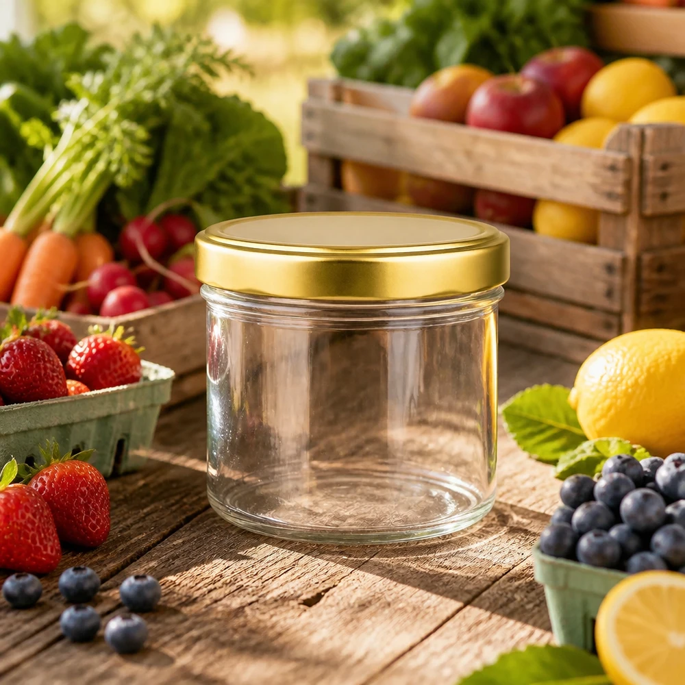 230ml Zylinderglas leer mit goldenem Deckel zwischen frischem Obst und Gemüse auf Holztisch Marmeladenglas